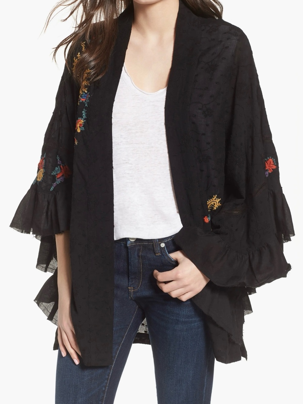 Free People Bohemian Black Dottie West Embroidered Ruffled Kimono Women’s XS/S
